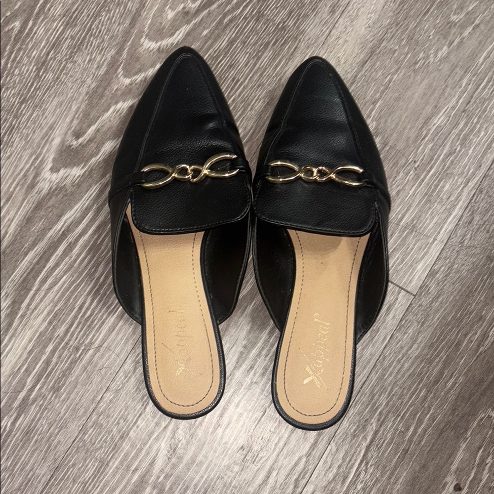 Xappeal Black Mules with Gold Chain Detail